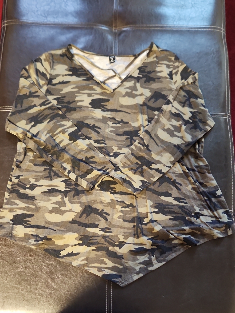 SHEIN Olive Green Camo V-Neck Long Sleeve Top